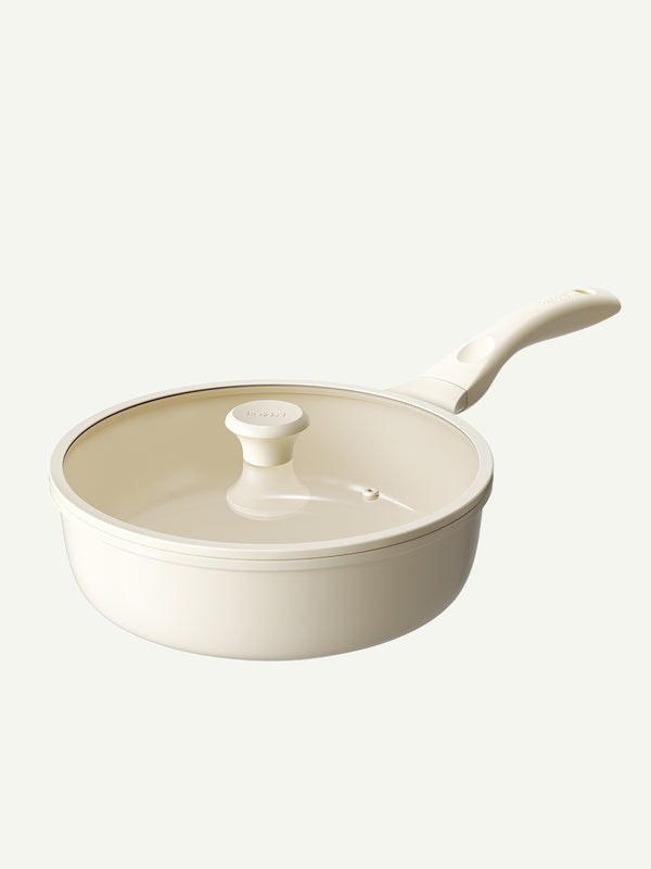 Redchef Nonstick Deep Frying Pan with Lid, Tempered Glass Cover(3.7Qt, 10" ＆ 5.5Qt, 12"), Beige ＆ Grey