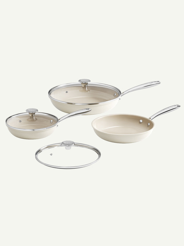 Redchef Nonstick Ceramic Cookware 6PCS, Frying Pan Set with Tempered Glass Lids, Beige＆Blue (8+9.5+11 Inch)