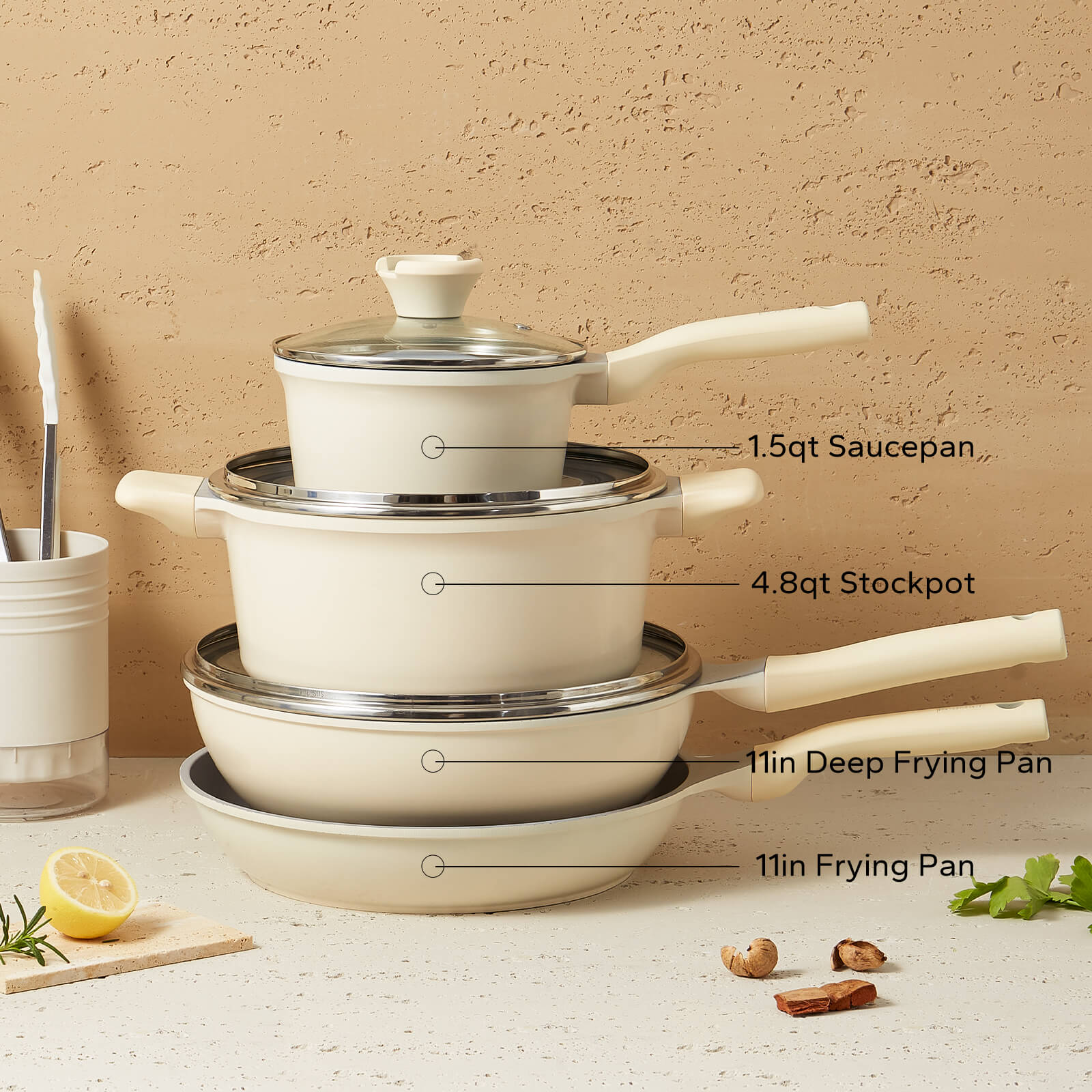 Redchef Ceramic Pots and Pans Set - 7-Piece White Nonstick Kitchen